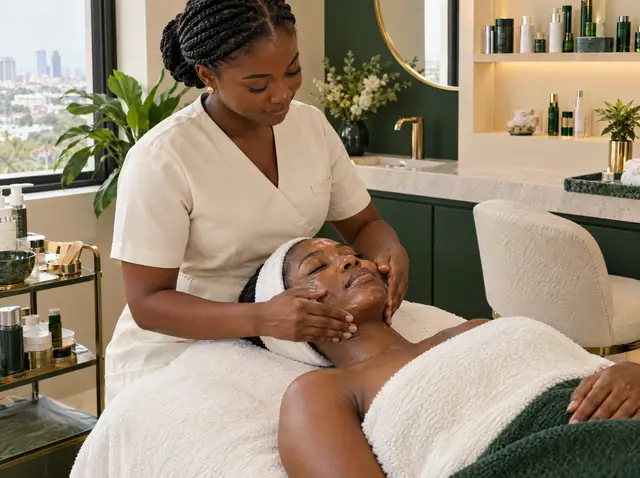 An aesthetician giving a client a facial in a calm treatment room