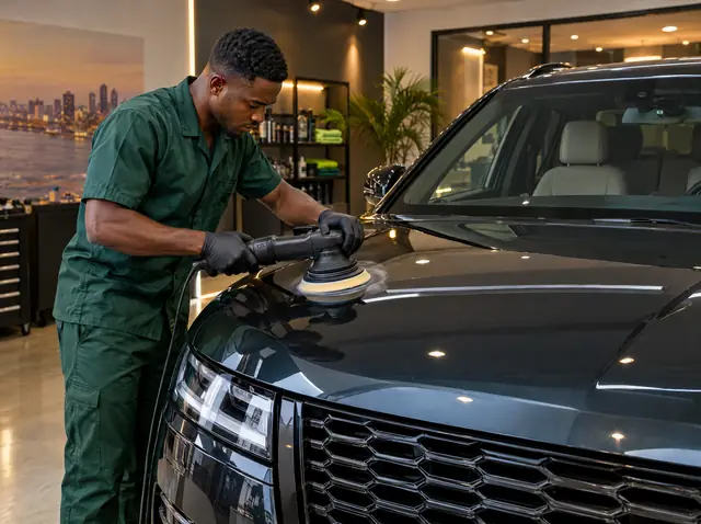 A detailer polishing the bonnet of a dark SUV