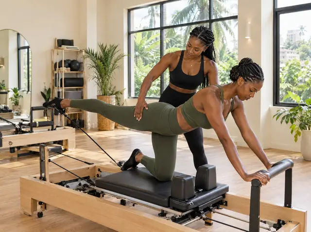 An instructor guiding a client on a reformer pilates machine