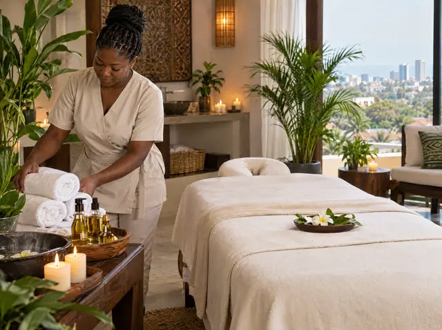A therapist preparing a massage room with towels and oils