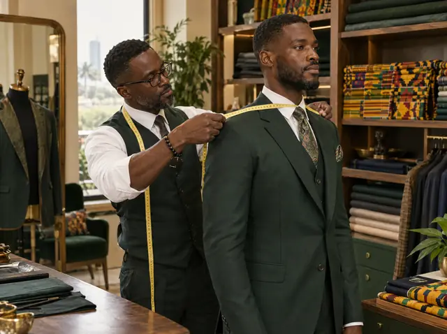 A tailor measuring a client in a dark green suit